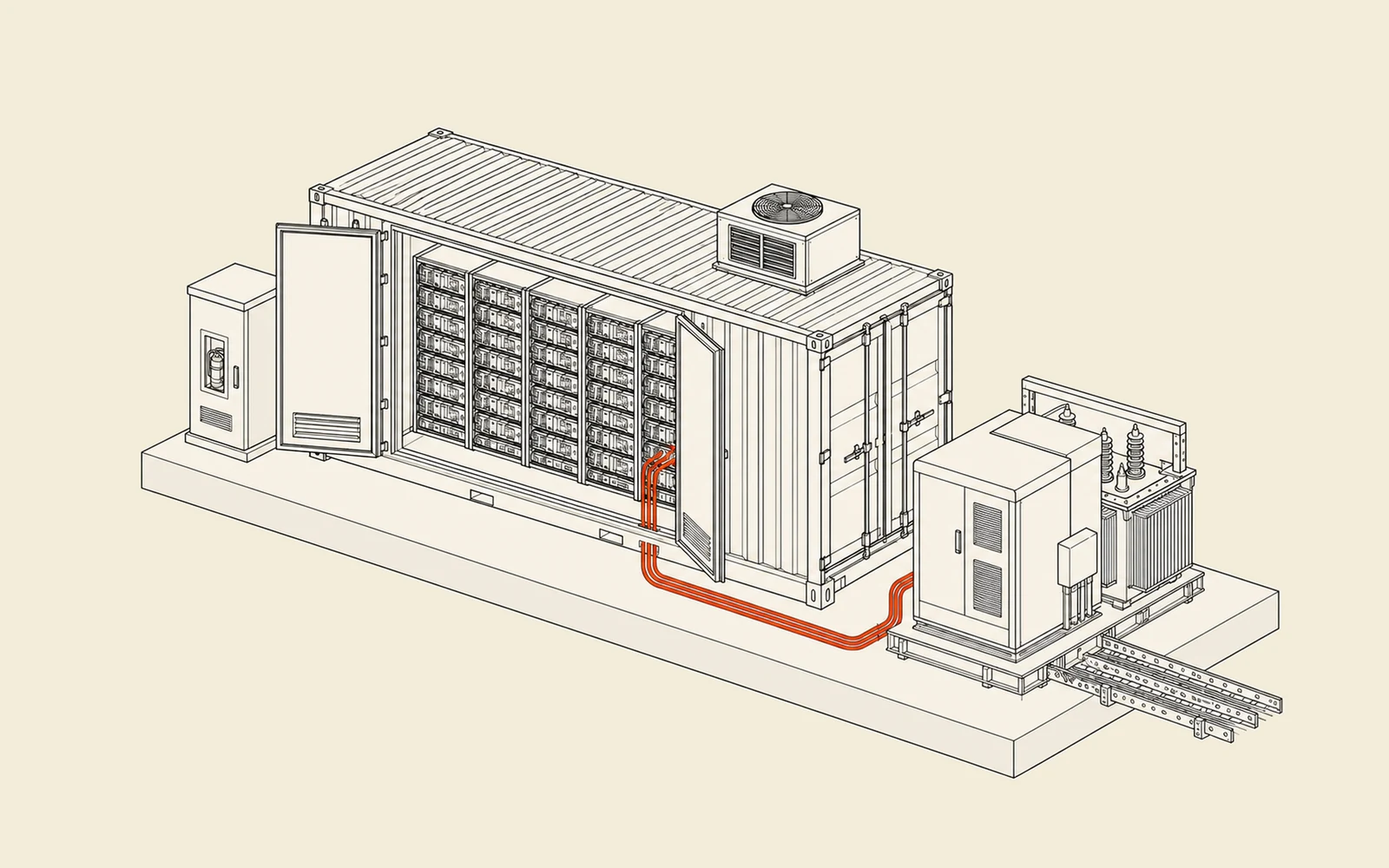 Isometric blueprint: grid-scale battery storage containers (BESS) on a fenced pad, with inverter skid, transformer and grid connection