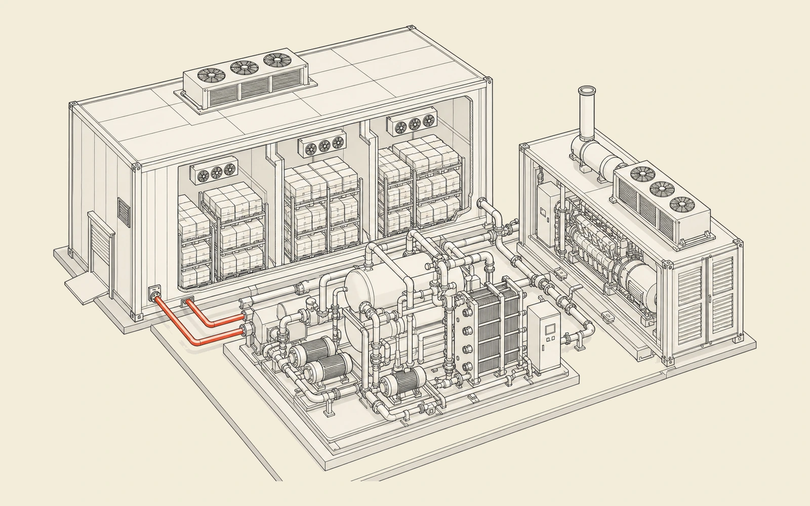 Isometric cold storage warehouse with CHP heat recovery, chiller loop, gas line and energy routing