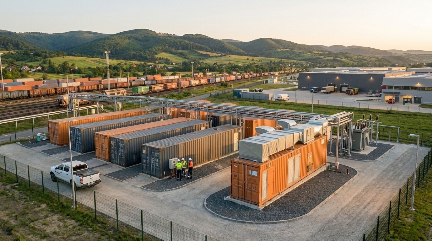 Grounded Horonda Energy operations visual with BESS, compact generation, and service roads