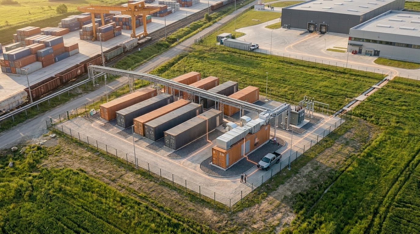 No-text schematic of Horonda Energy block with BESS, CHP, substation, and utility routes