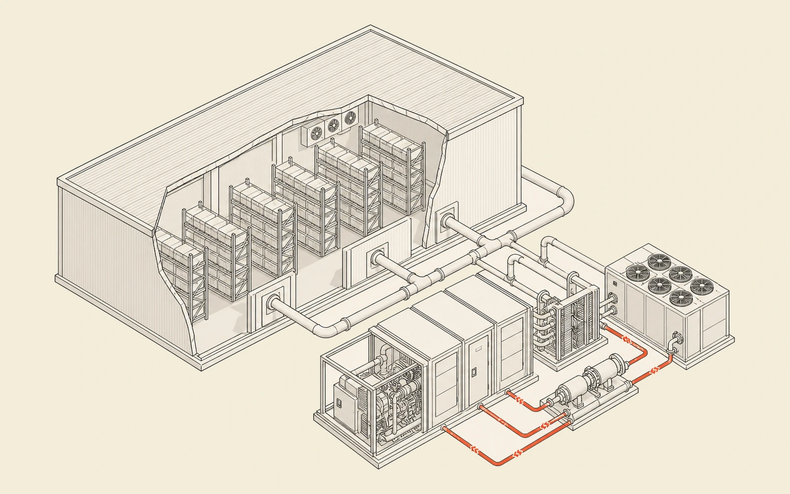 Isometric blueprint cutaway: a cold-storage warehouse with racking and a side CHP+chiller energy unit feeding heat and cold through a pipe loop