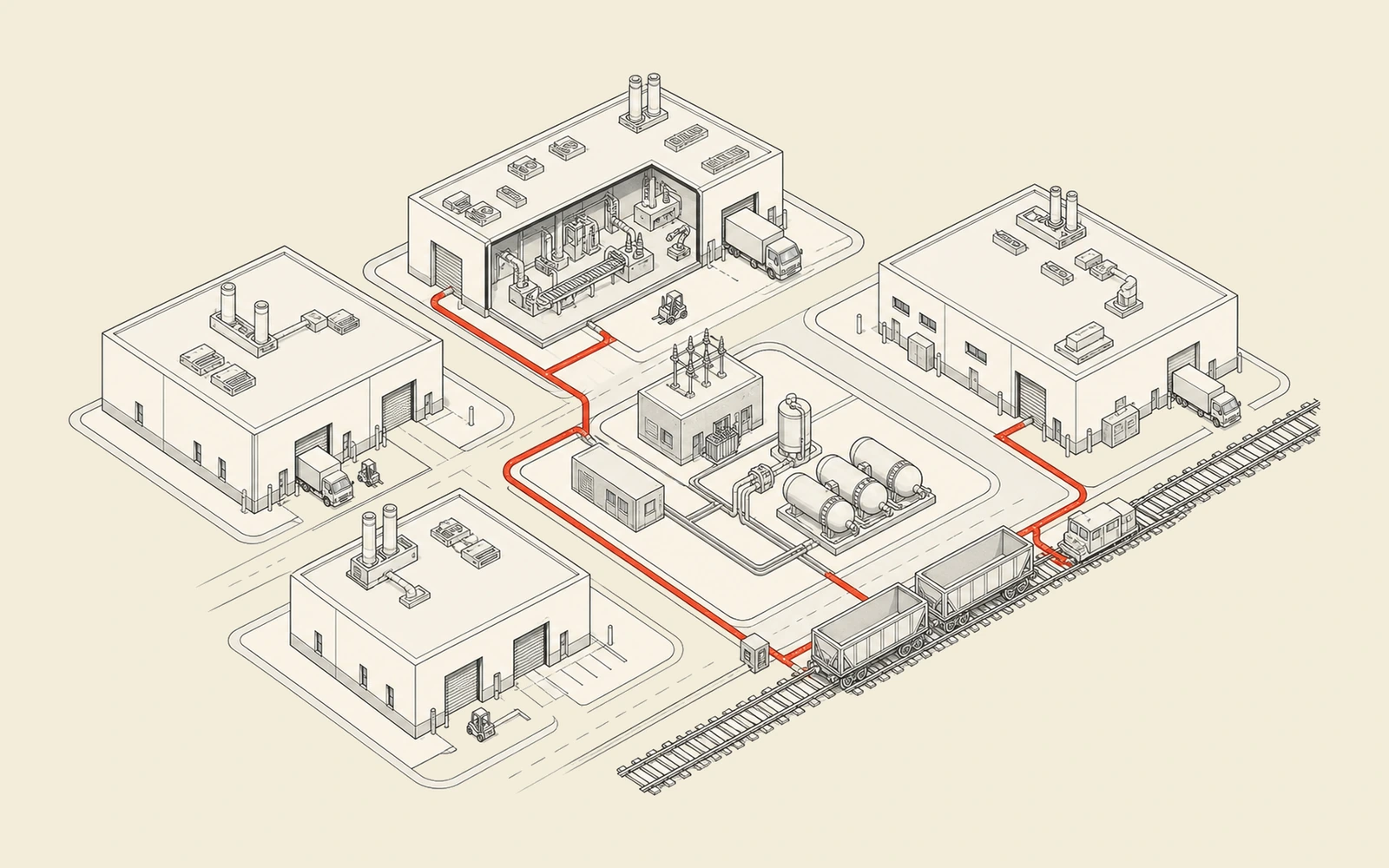 Isometric blueprint of the Horonda Park masterplan: build-to-suit warehouses and internal roads, a central energy node with a substation, steam boiler and a BESS-style container row, a highlighted resident unit, and a rail siding where a reach-stacker loads a container flatcar