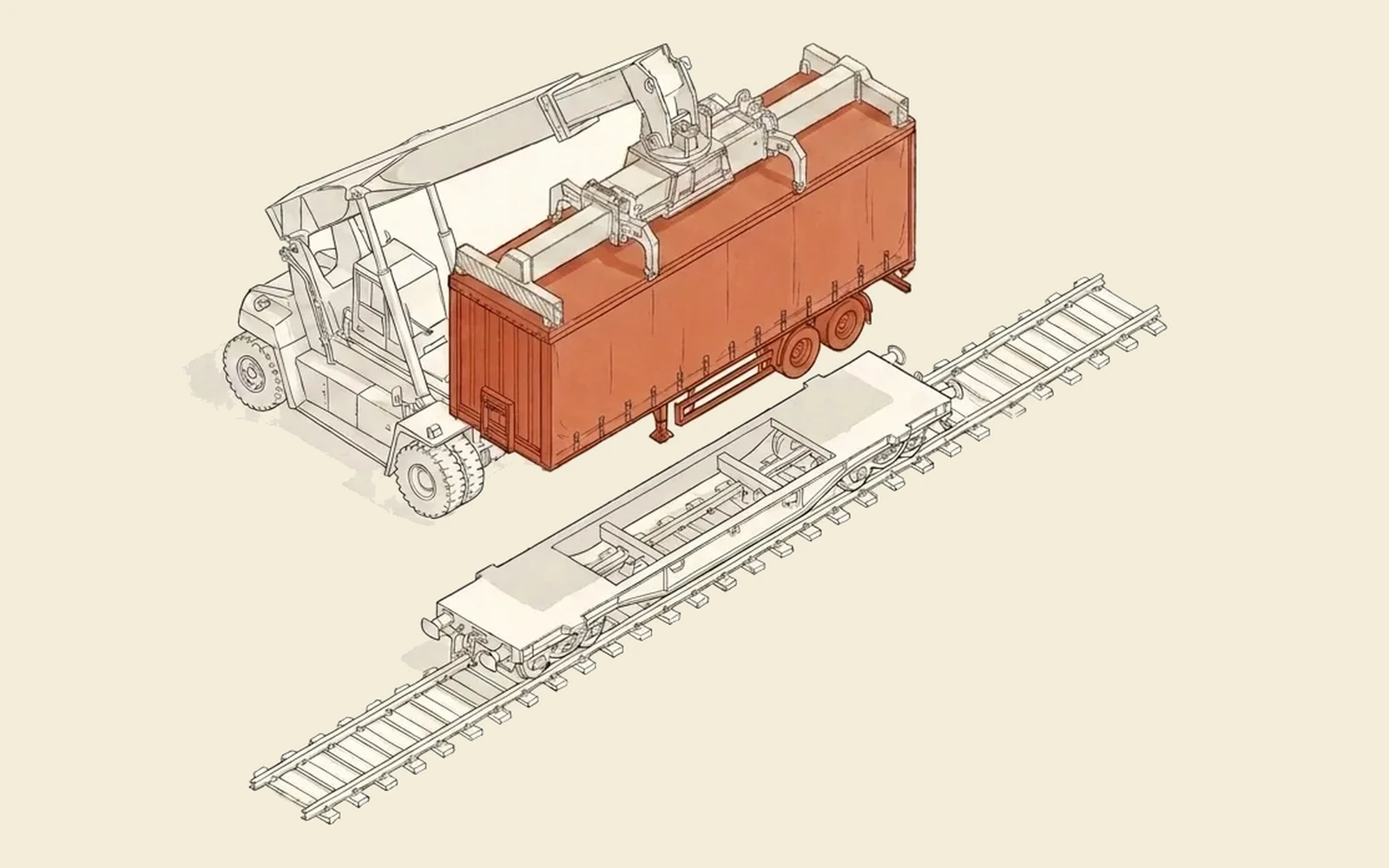 Isometric blueprint: a reach-stacker lifting a curtain-side semi-trailer onto a low-floor rail wagon for road-rail transport