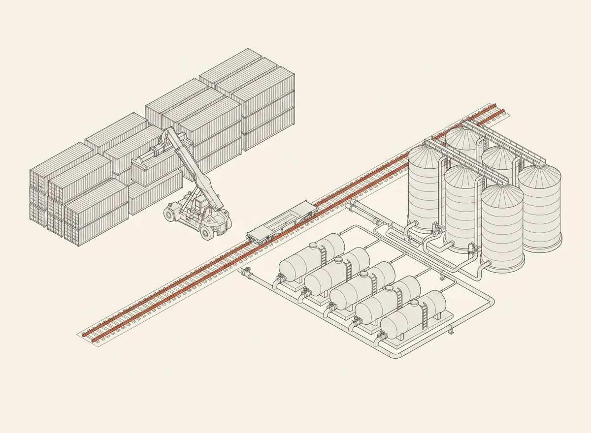 Isometric blueprint: a multipurpose terminal yard with container stacks, a reach-stacker, grain silos and oil storage tanks, served by rail